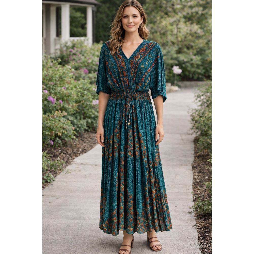 Vintage 90s Carole Little Maxi Dress Womens 8 Teal Floral Smocked Boho Country